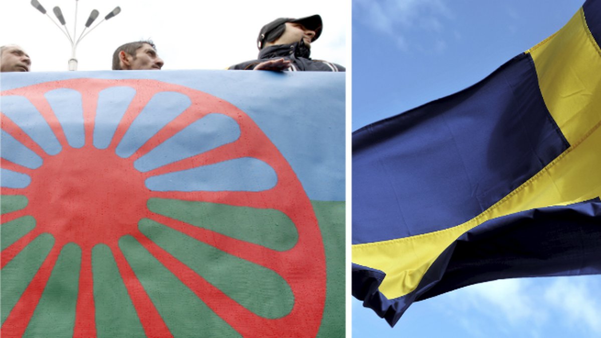 Den romska flaggan (t.v) stoppades i Växjö – men fick svaja ikapp med den svenska (t.h) i Göteborg.
